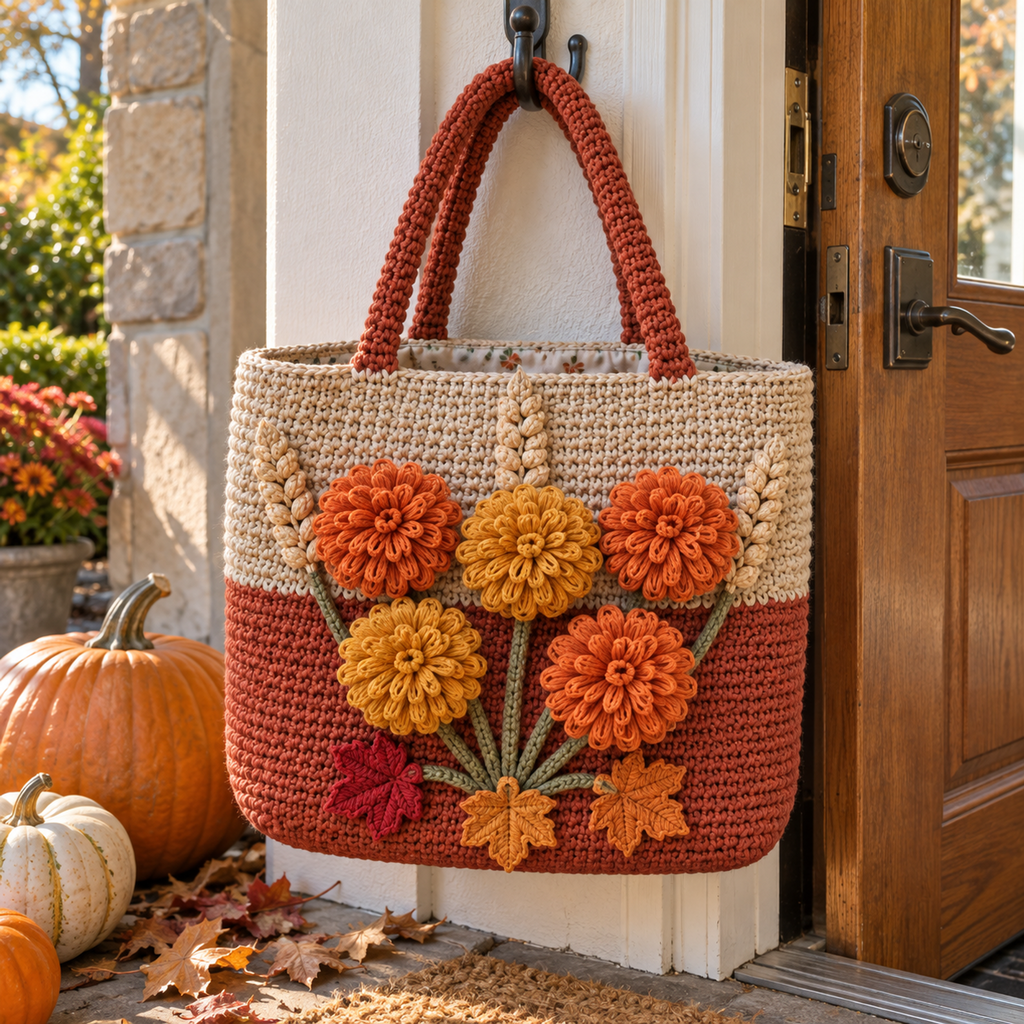 Oatmeal-and-rust crochet tote with orange and gold loop flowers, maple leaves and wheat hanging by a door above autumn pumpkins.