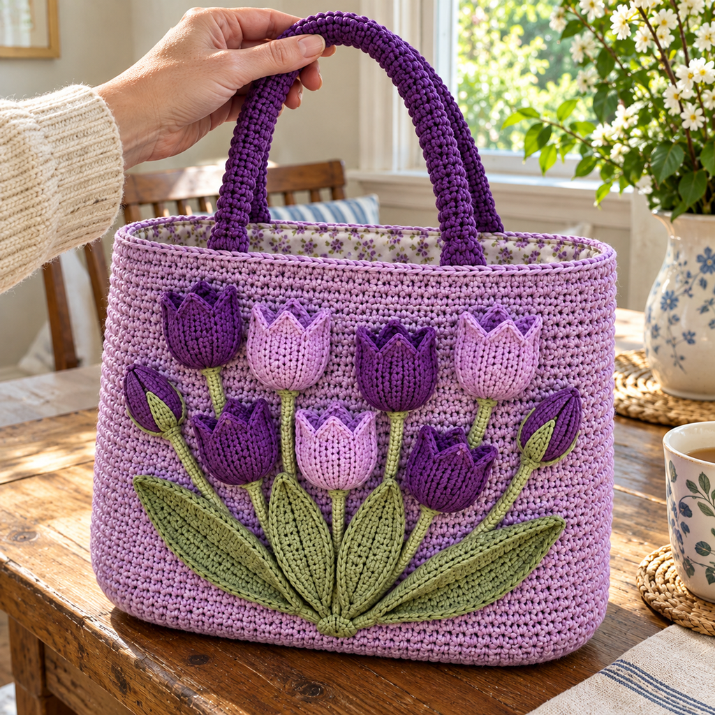 Angled detail of upright purple tulip cups, cotton stitches and sage leaves on a lilac crochet tote while an adult hand touches its handle.