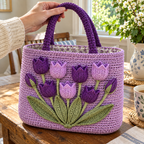 Angled detail of upright purple tulip cups, cotton stitches and sage leaves on a lilac crochet tote while an adult hand touches its handle.