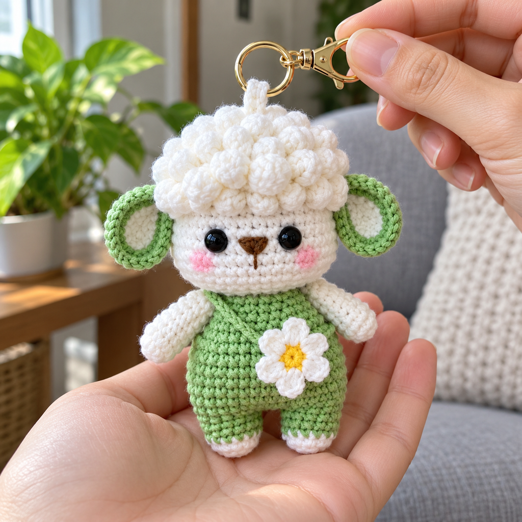White Daisy Sheep in green overalls held upright in an adult palm, with a white flower and gold clasp.