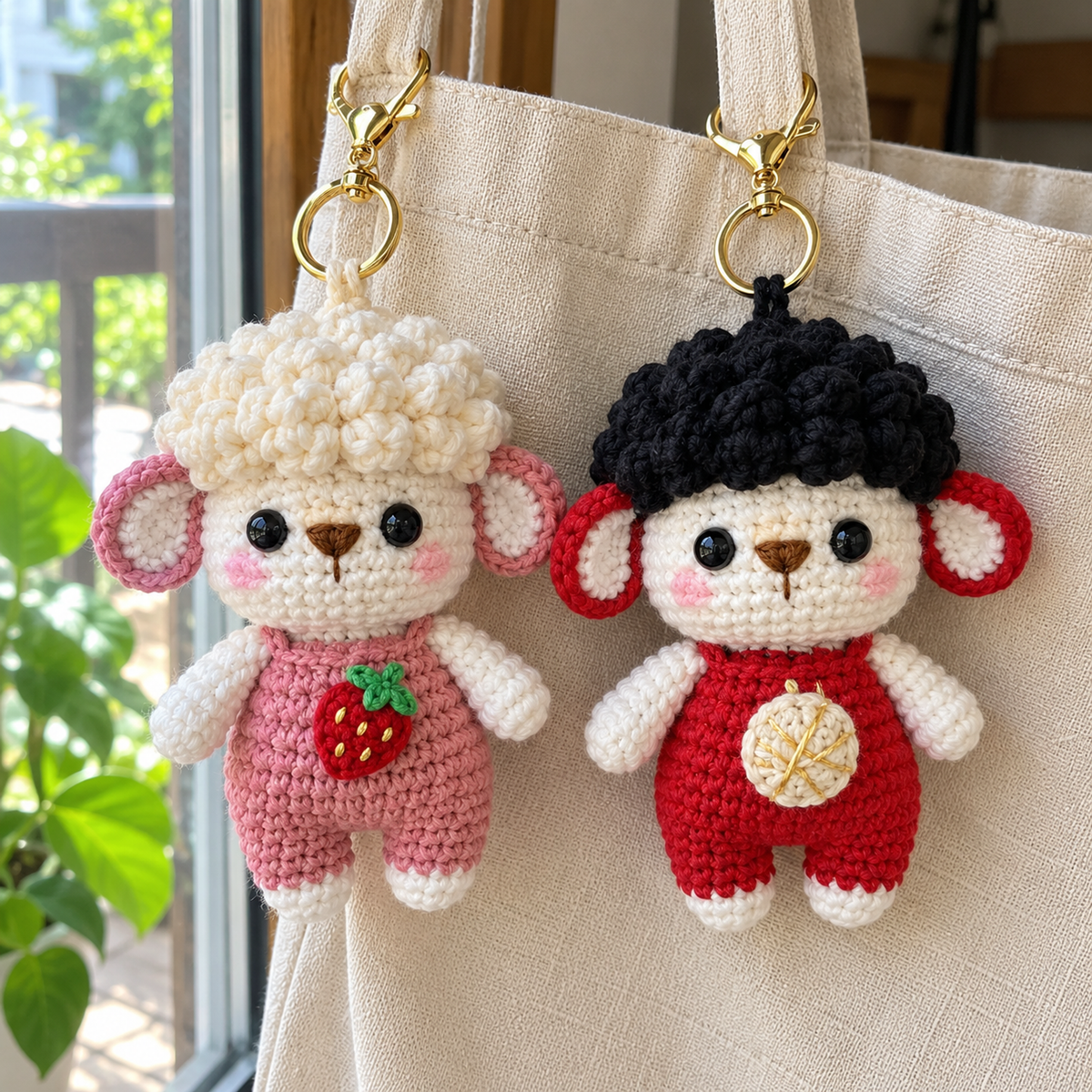 Strawberry Sheep in pink overalls and Black Sheep in red overalls clipped to a canvas tote strap.