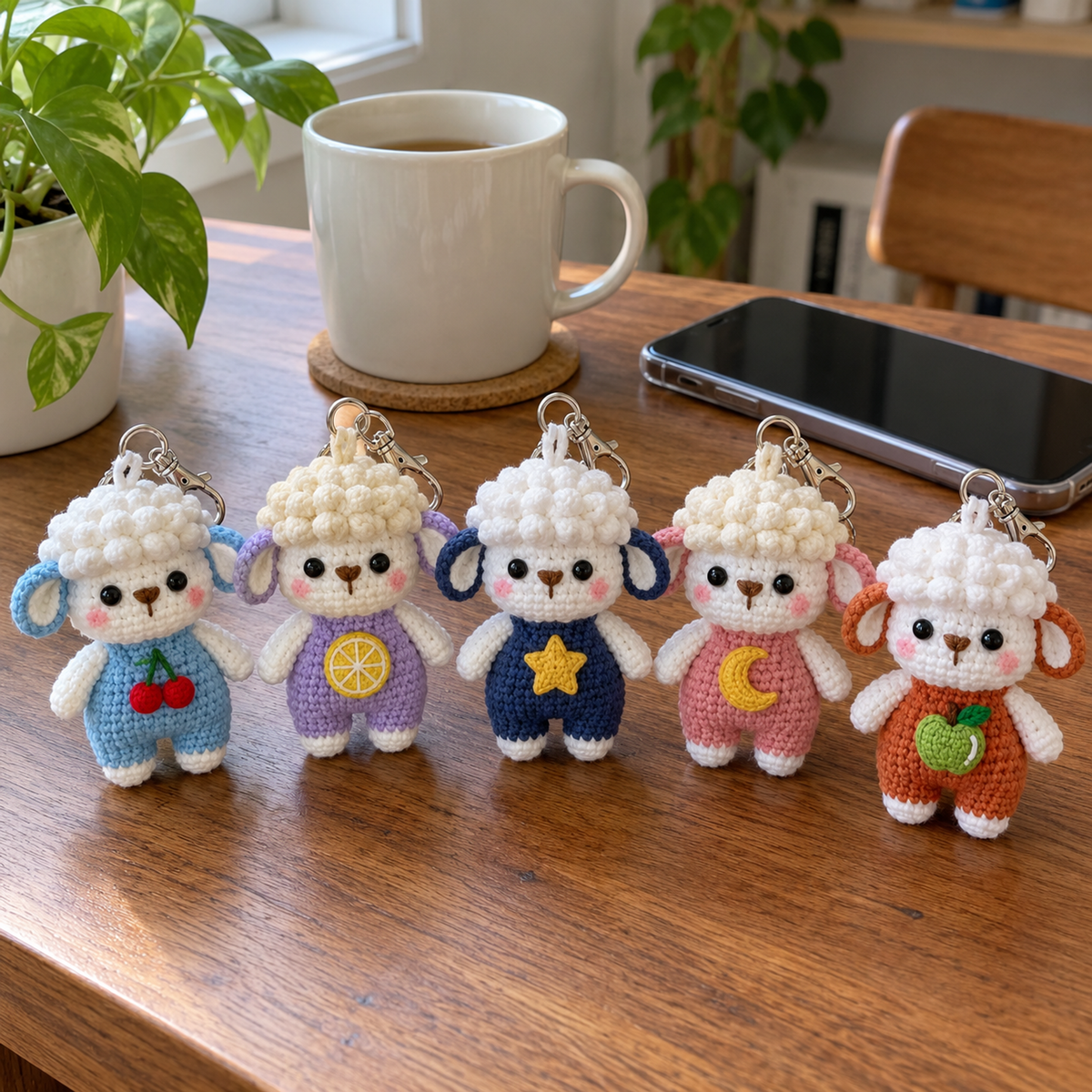 Cherry, Lemon, Star, Moon and Apple sheep keychains standing beside a mug and phone on a wooden desk.