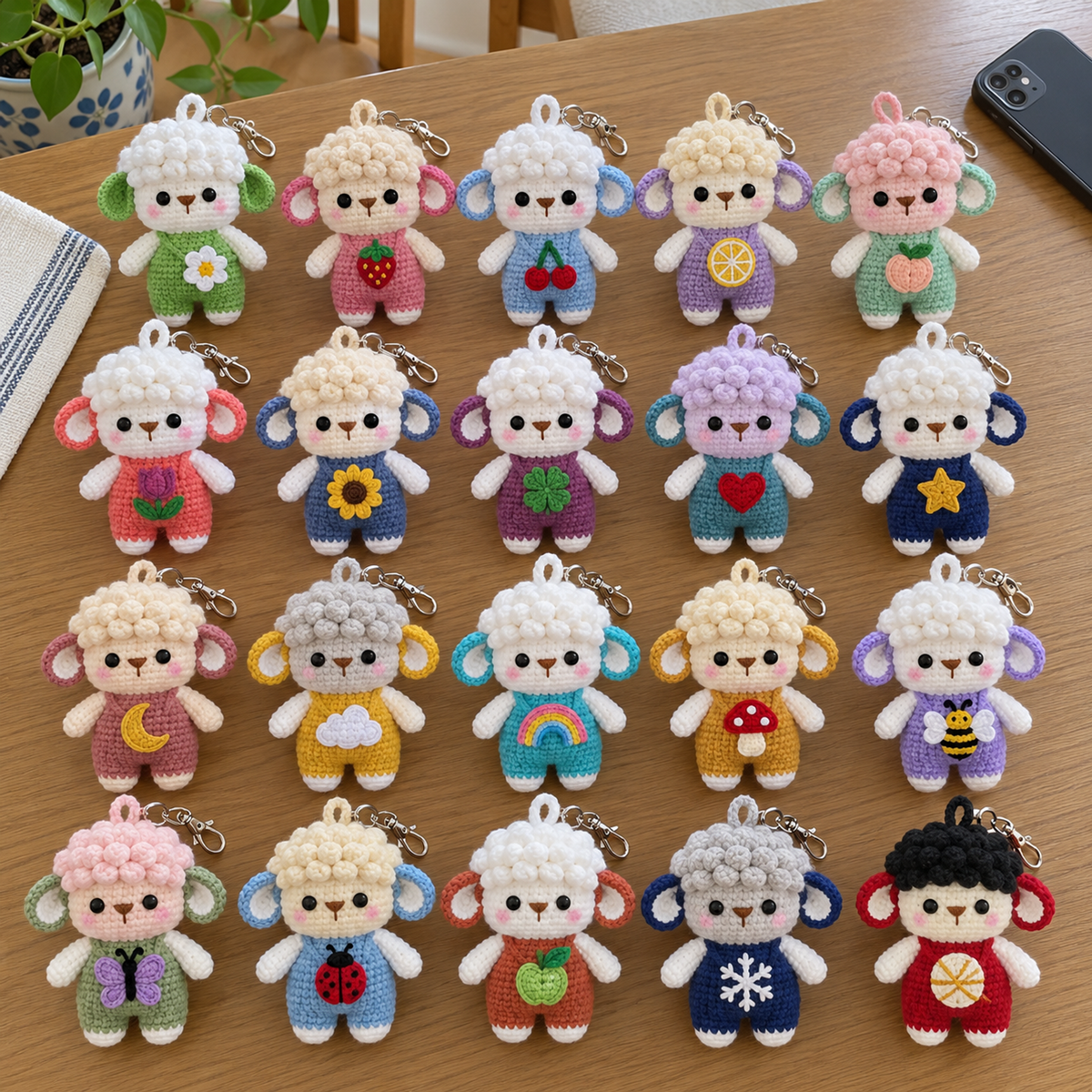 Twenty colourful curly sheep keychains with different chest motifs arranged together on a wooden table.
