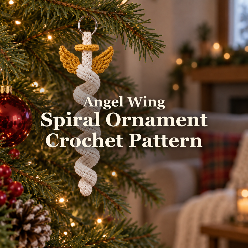 An ivory crochet spiral angel with gold wings and a gold halo hanging from a lit Christmas tree, with the title Angel Wing Spiral Ornament Crochet Pattern.