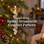 An ivory crochet spiral angel with gold wings and a gold halo hanging from a lit Christmas tree, with the title Angel Wing Spiral Ornament Crochet Pattern.