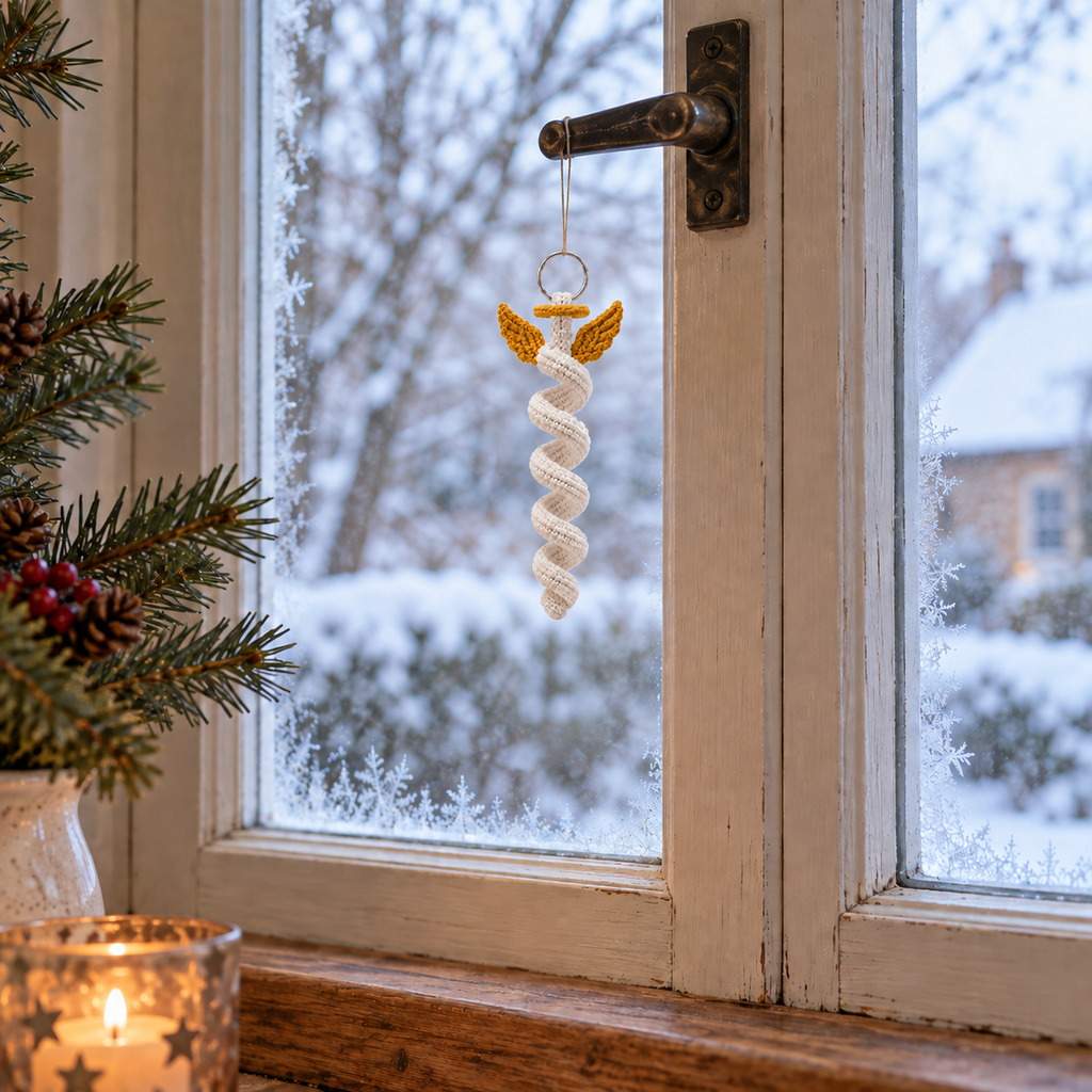 An ivory crochet spiral angel with gold wings and a gold halo hanging by a thread from a window handle in front of frosty glass.