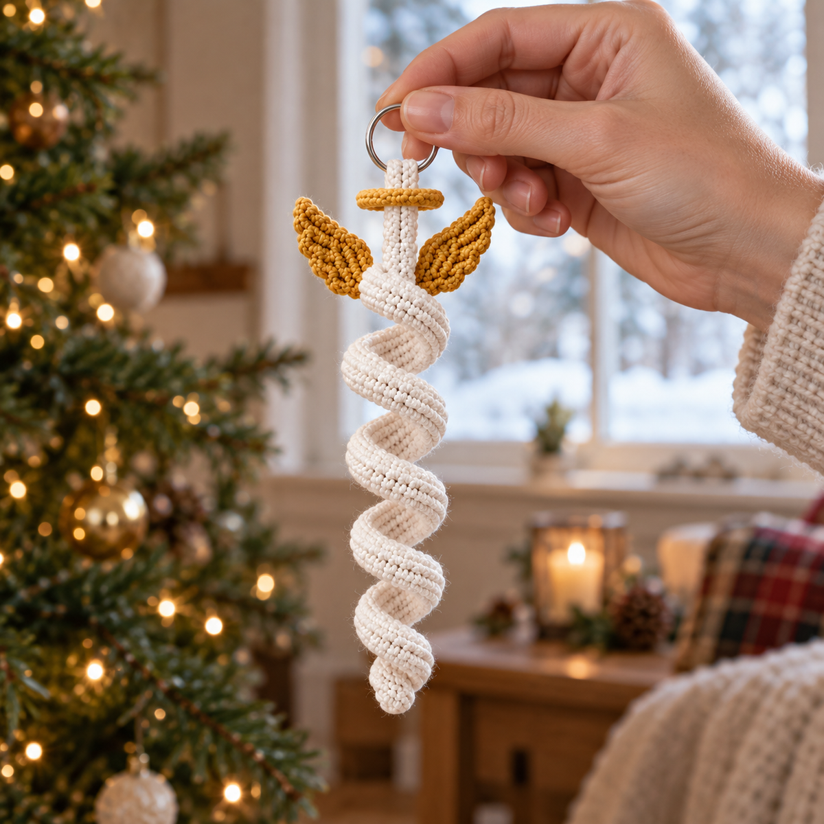 An adult hand holding an ivory crochet spiral angel with gold wings and a gold halo by its silver hanging ring.