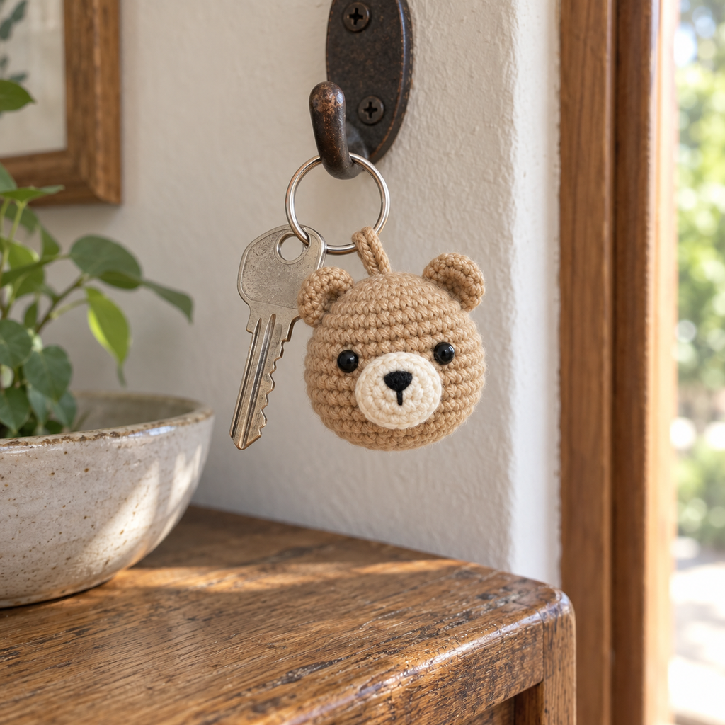 Tan crochet bear charm with a cream muzzle hanging beside a silver house key on a ring from an entryway wall hook above a wooden console.