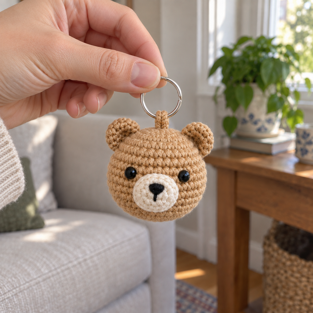 An adult hand holds a silver ring with a small tan crochet bear charm hanging below it in a living room.