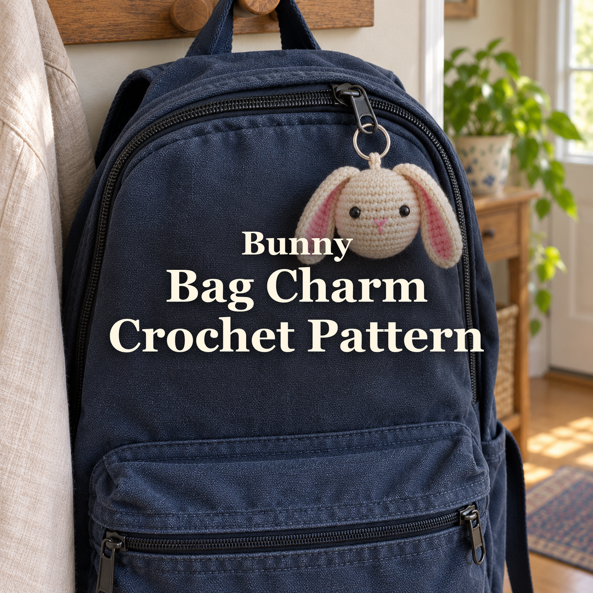 Cream crochet bunny charm with pink-lined floppy ears hanging from a navy backpack zipper in a sunlit entryway, with the title Bunny Bag Charm Crochet Pattern.