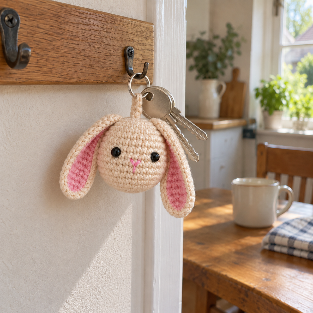 Cream and pink crochet bunny charm hanging with two house keys from a wall hook beside a sunlit kitchen.