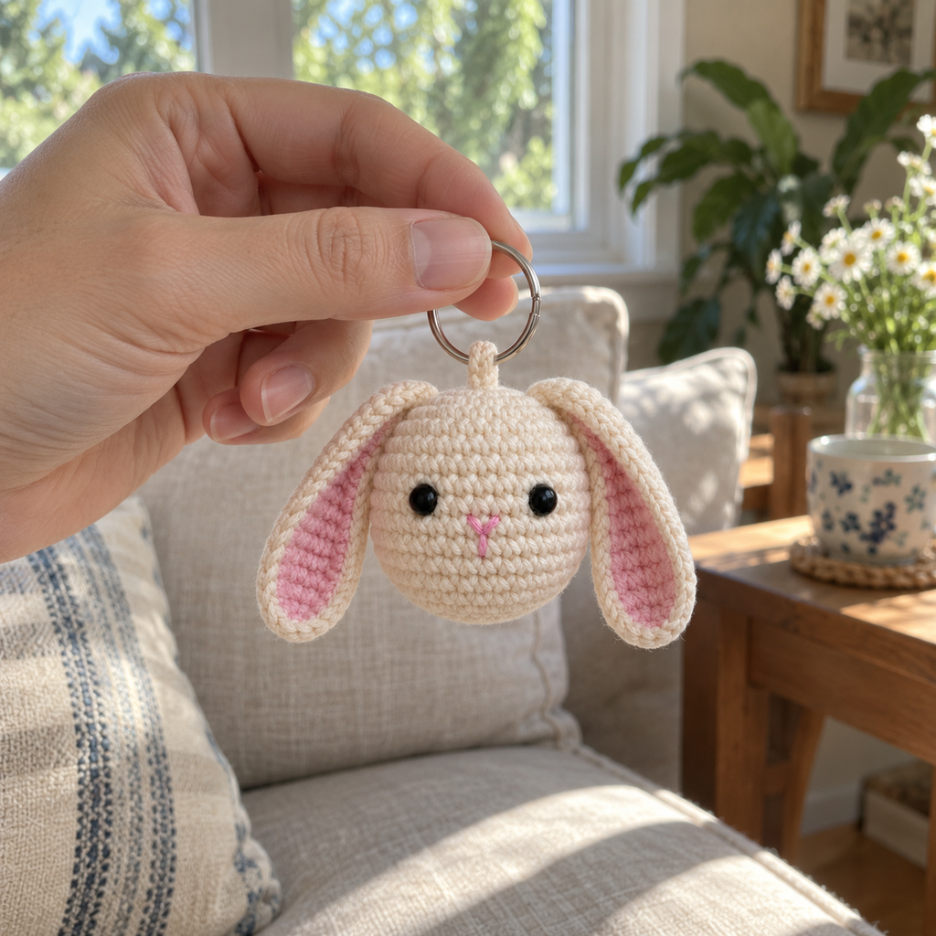 An adult hand holding a cream crochet bunny charm with pink-lined floppy ears by its silver ring in a living room.