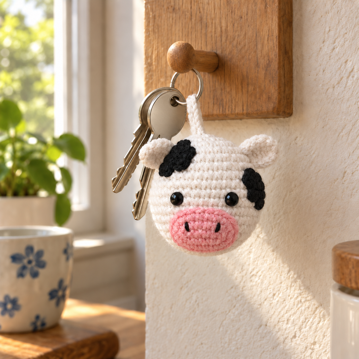 A white cow crochet bag charm hangs beside two house keys from a wooden peg near a sunny kitchen window.
