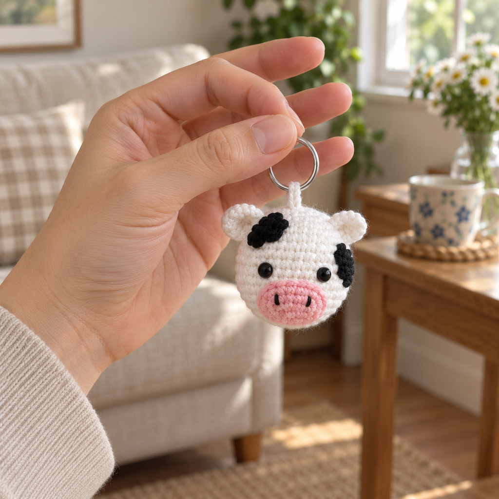 An adult hand holds the silver ring of a small white cow crochet bag charm in front of a linen sofa.