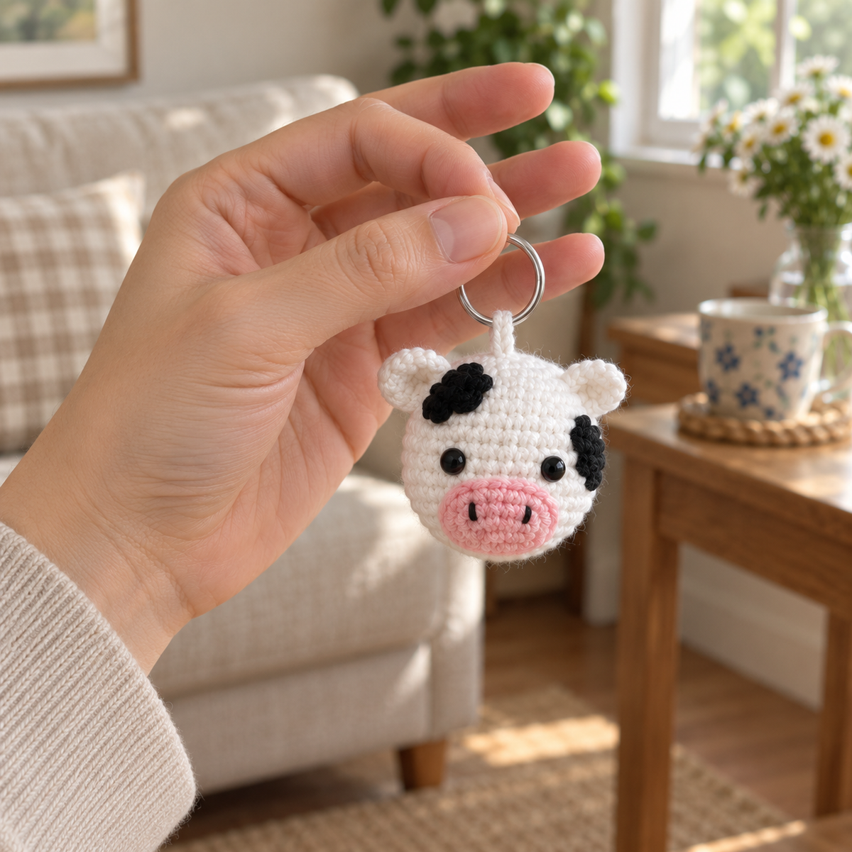 An adult hand holds the silver ring of a small white cow crochet bag charm in front of a linen sofa.