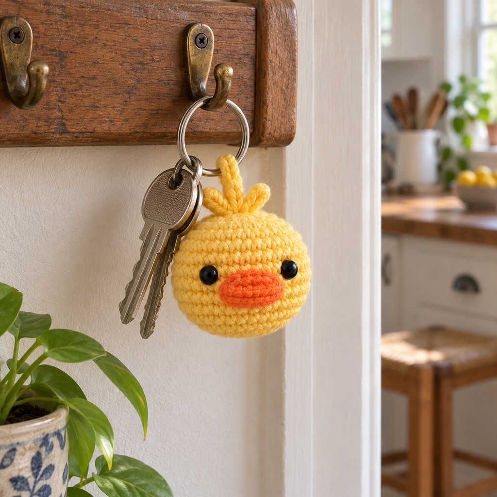 Yellow crochet duck charm with an orange beak hanging beside house keys on a wooden hook rack near a kitchen doorway.