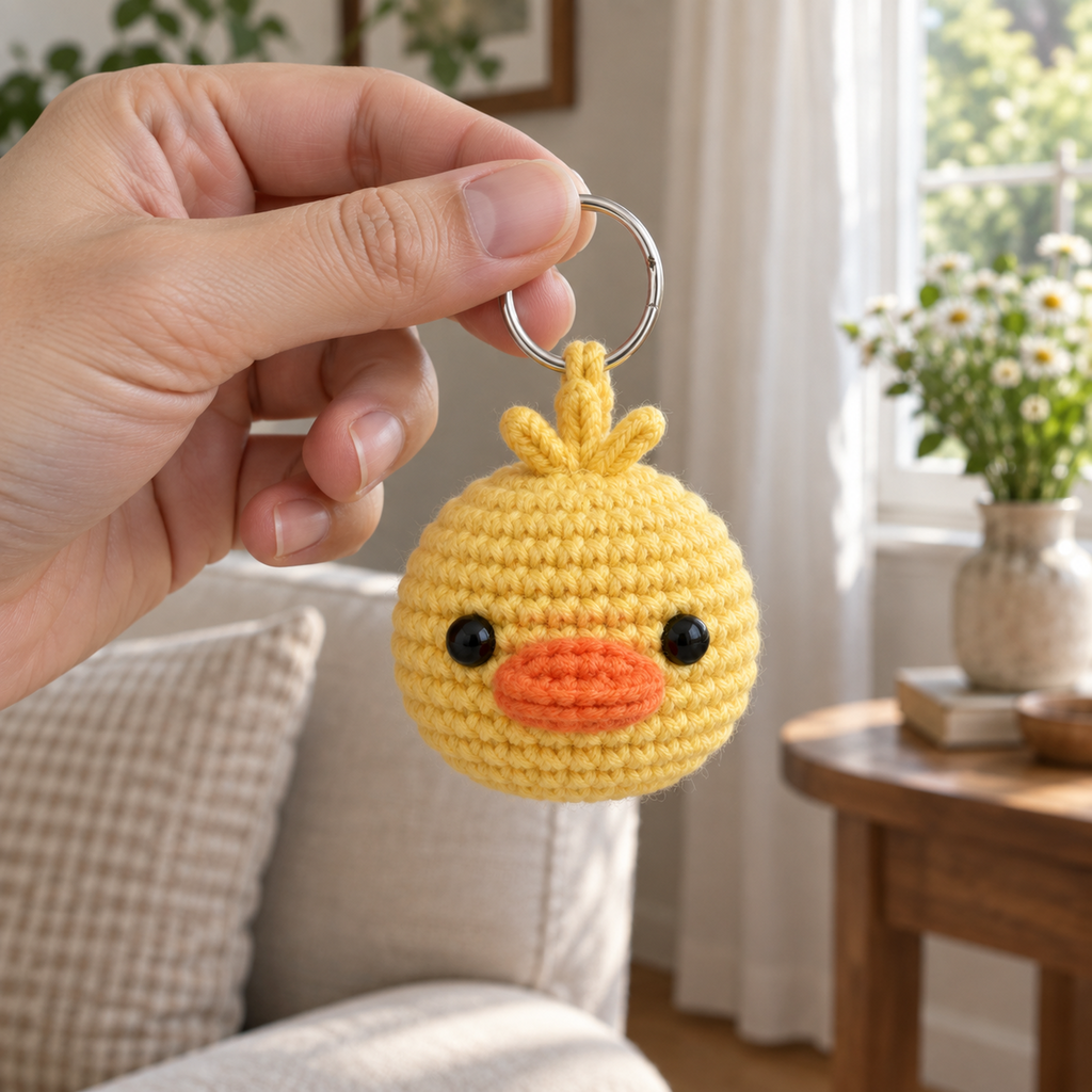 An adult hand holding the silver ring of a small yellow crochet duck charm in a sunlit living room.