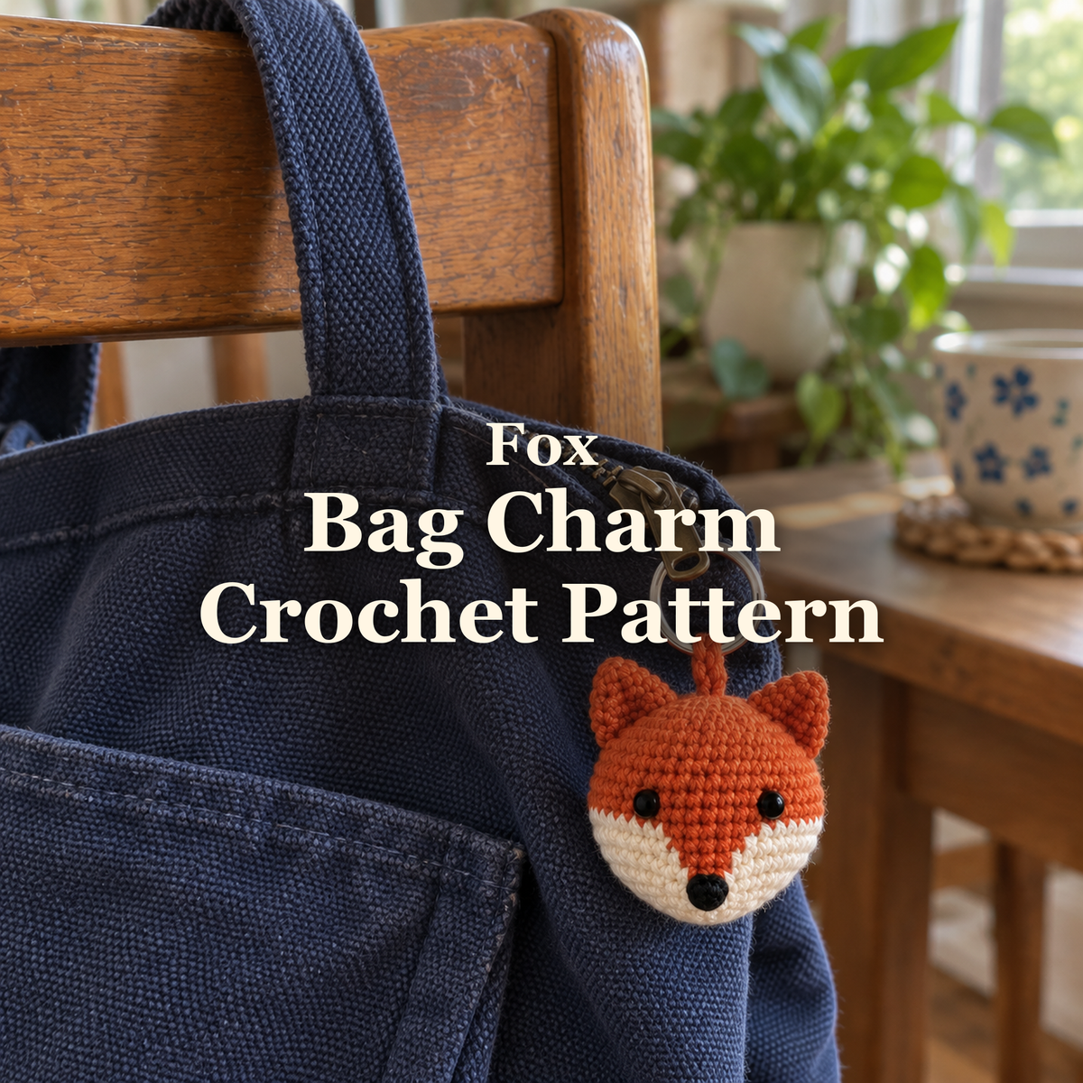 Rust and cream crochet fox head bag charm hanging from the zipper of a navy canvas bag on a wooden chair beside a window, with the title Fox Bag Charm Crochet Pattern.