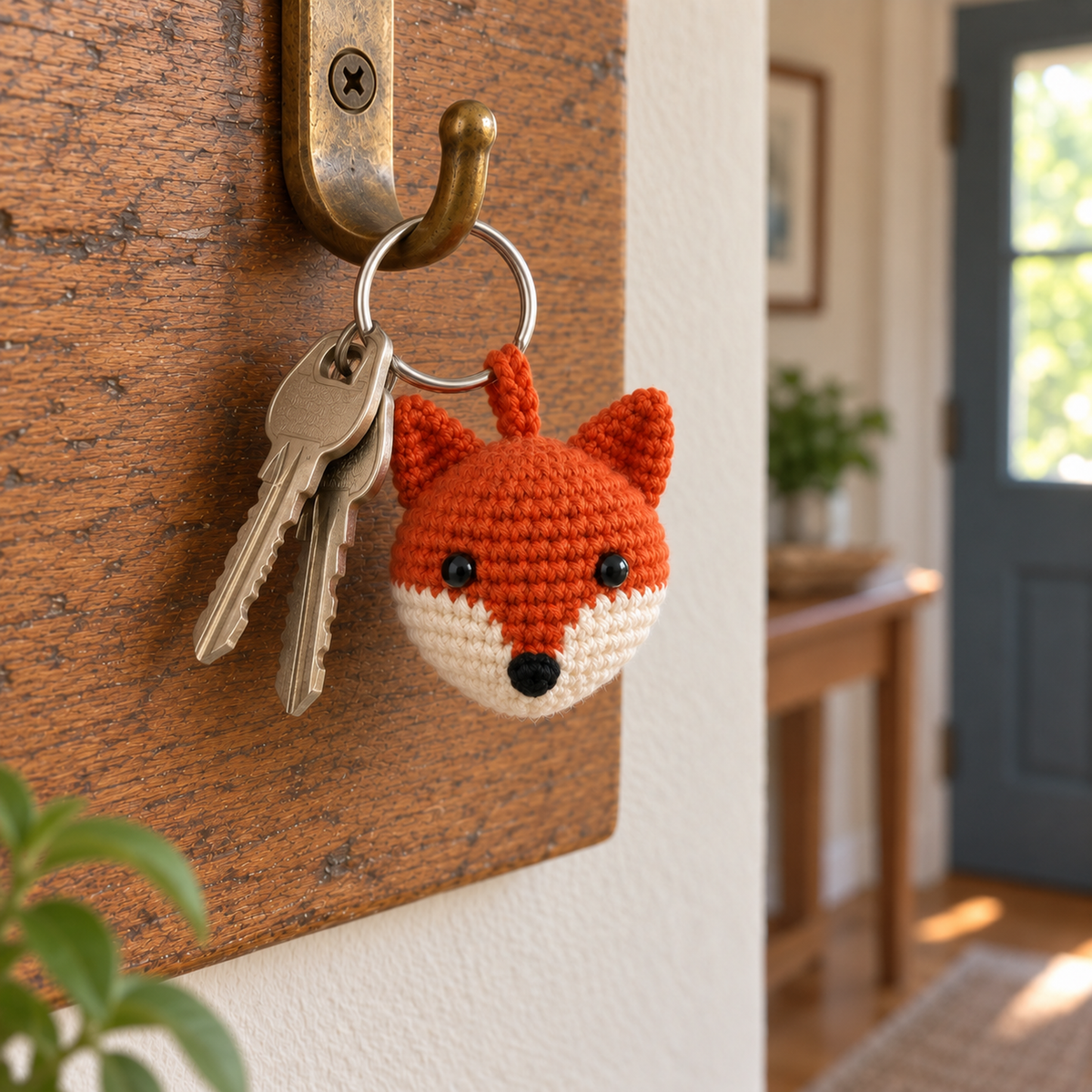 Rust and cream crochet fox head charm hanging beside two house keys from a silver ring on a brass hook mounted on an oak hallway board.