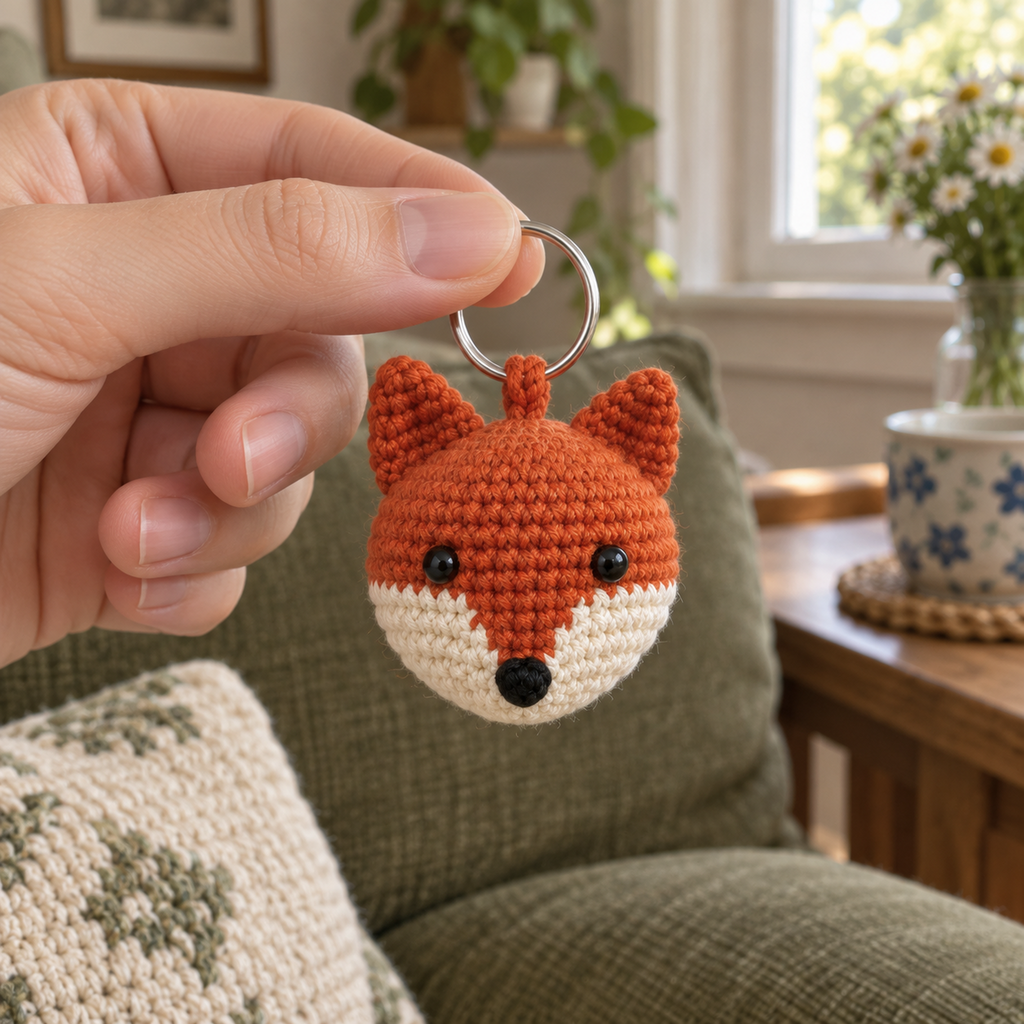 An adult hand holds a silver ring with a small rust and cream crochet fox head charm hanging below it in a sunlit living room.