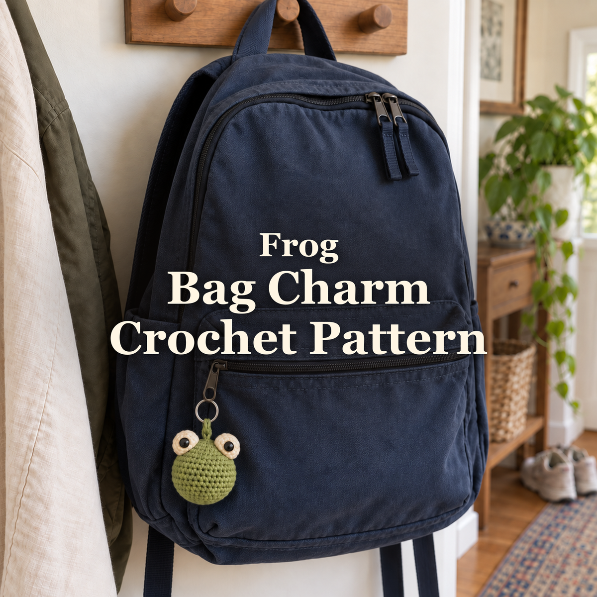 A green crochet frog charm with cream eye bumps hangs from the lower pocket zip of a navy backpack on a wooden hallway peg, with the title Frog / Bag Charm / Crochet Pattern across the centre.
