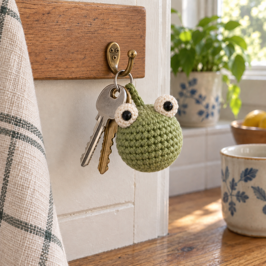 A green crochet frog charm and two house keys hang together from a small silver ring on a brass kitchen wall hook.