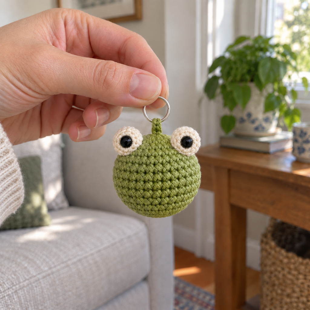 An adult hand holds a small silver ring with a green crochet frog charm dangling below it in a sunlit living room.