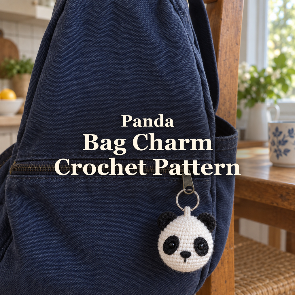 A small white and black crochet panda charm hangs from the zipper of a navy bag on a wooden kitchen chair, with the title Panda Bag Charm Crochet Pattern.