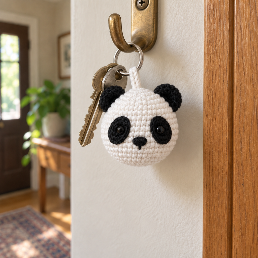 A white and black crochet panda charm hangs beside two house keys from a brass hook in a sunlit entryway.