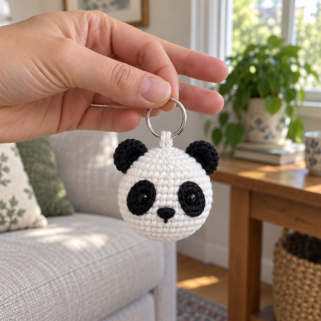 An adult hand holds a small white and black crochet panda charm by its silver ring beside a window and linen sofa.