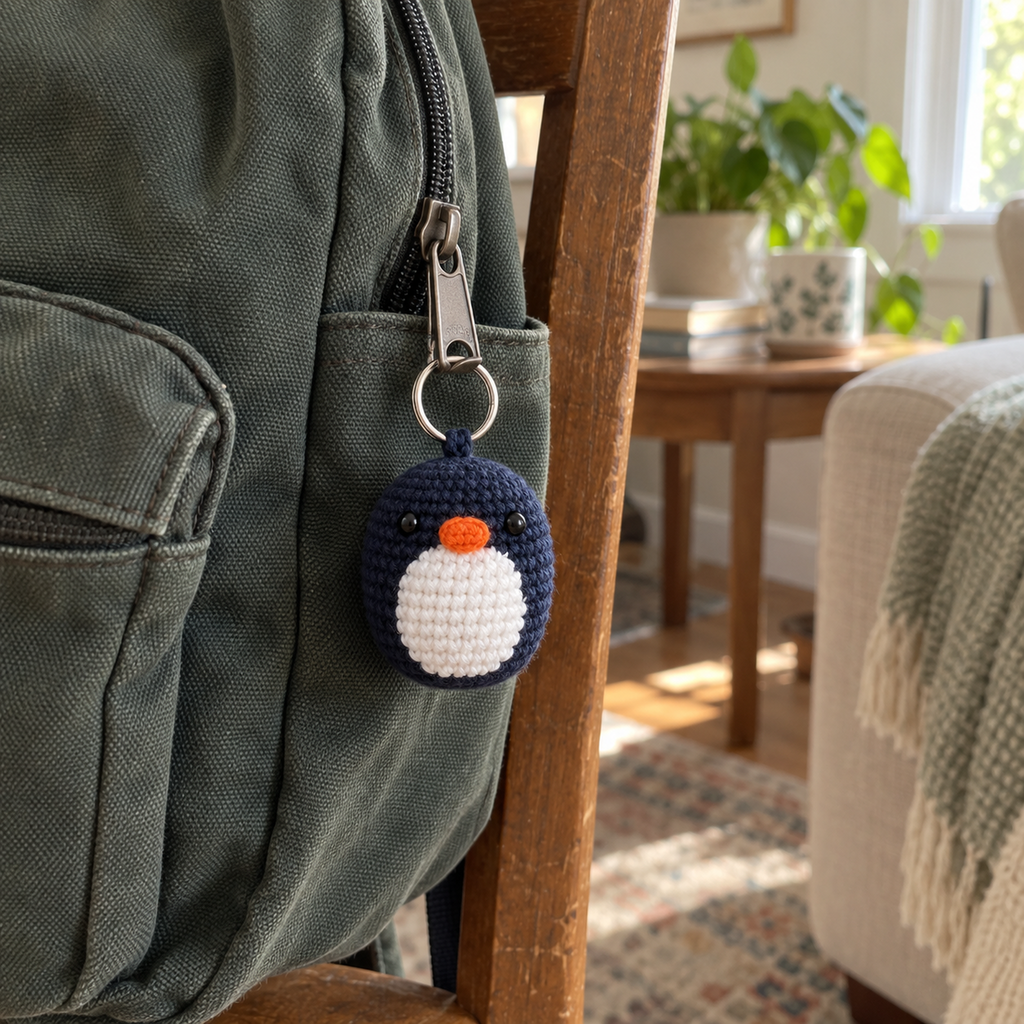 Navy crochet penguin bag charm hanging from the zipper of a green canvas backpack beside a wooden chair in a living room.