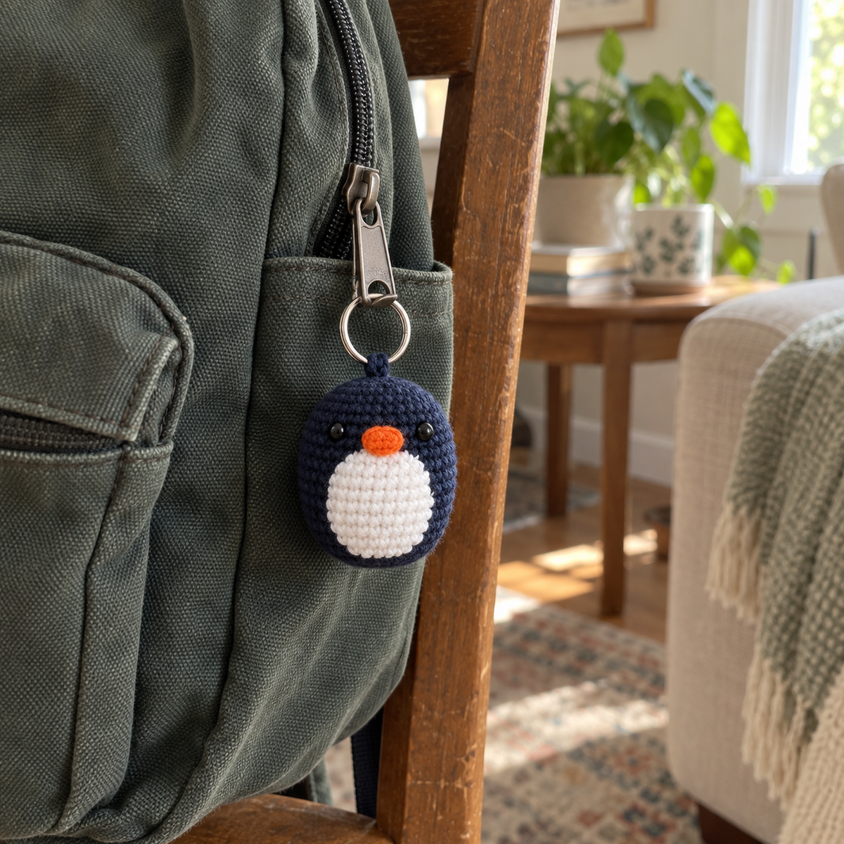 Navy crochet penguin bag charm hanging from the zipper of a green canvas backpack beside a wooden chair in a living room.