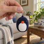 An adult hand holds a silver ring with a small navy crochet penguin dangling below it beside a sofa and window.