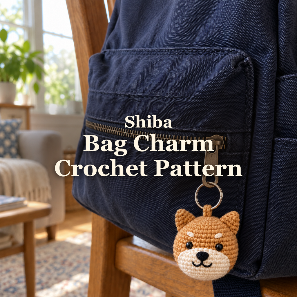 Tan and cream Shiba crochet charm hanging from a navy backpack zipper beside a living-room window.