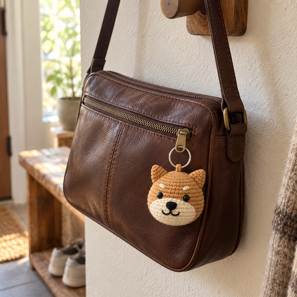 Tan and cream Shiba crochet charm hanging from the zipper of a brown crossbody purse in a sunlit home entryway.