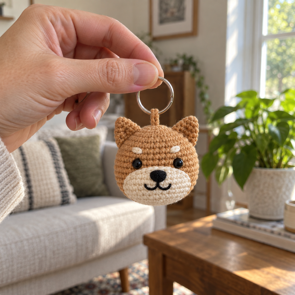 An adult hand holding a small tan and cream Shiba crochet charm by its silver ring in a living room.
