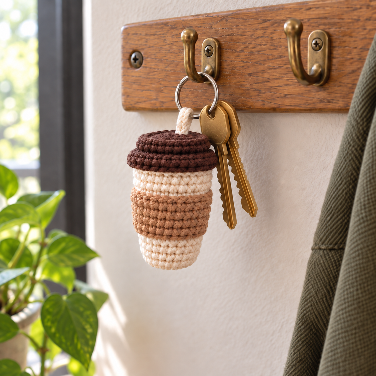 Cream crochet coffee-cup charm with a kraft tan sleeve and brown two-tier lid hanging from a silver keyring with two brass house keys on a brass hook on a wooden key rail beside a window.