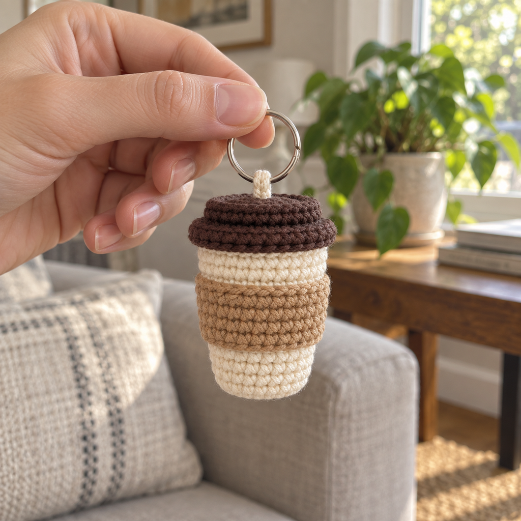 An adult hand holds a silver keyring with a small cream crochet coffee-cup charm, kraft tan sleeve and brown tiered lid in a living room beside a window.