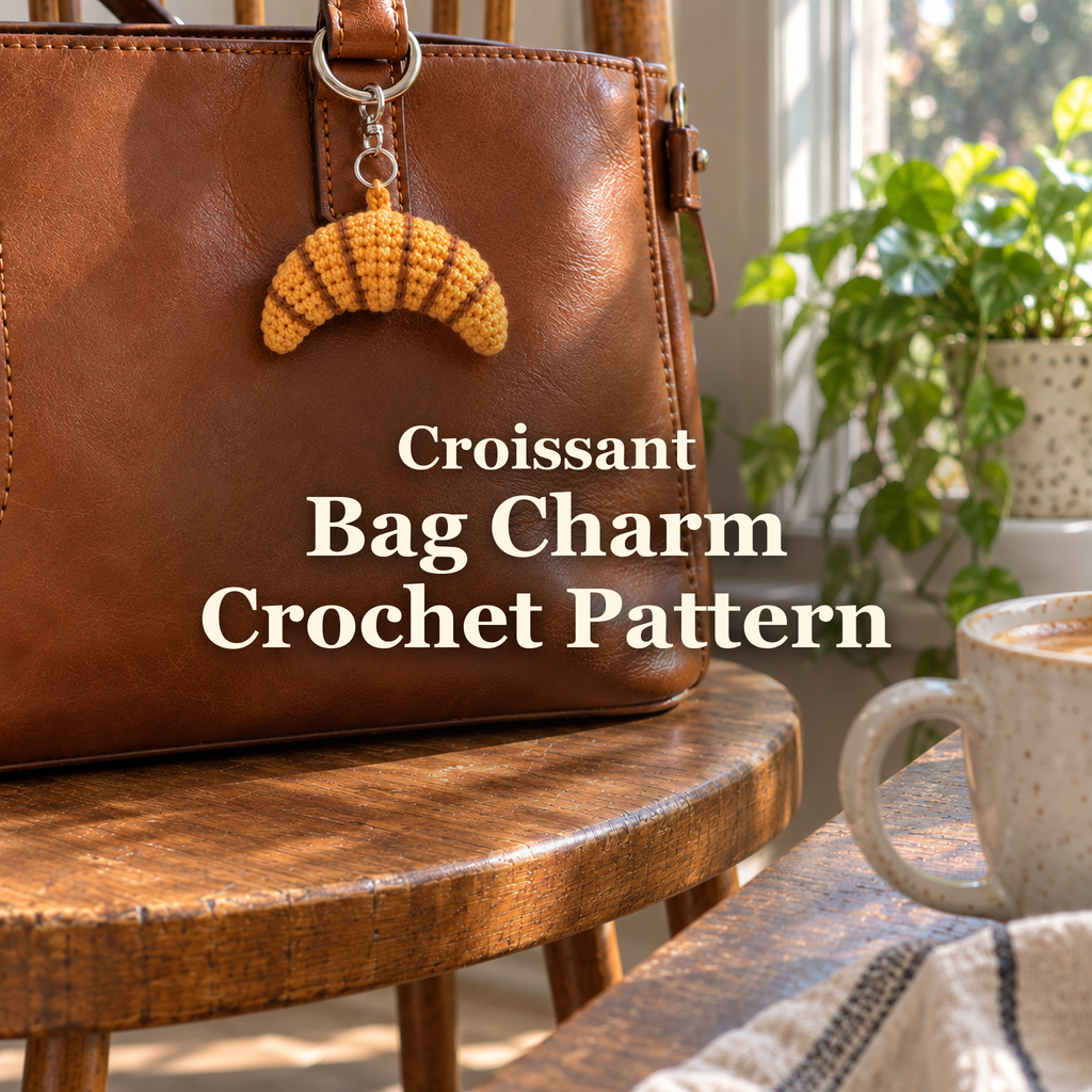 Golden crocheted croissant bag charm hanging from a brown leather handbag beside a sunny window, with the title Croissant Bag Charm Crochet Pattern.