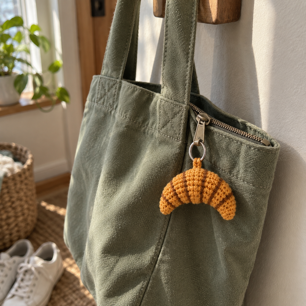 Golden crocheted croissant charm hanging from the zipper of a sage-green canvas tote on a wooden peg in a home entryway.