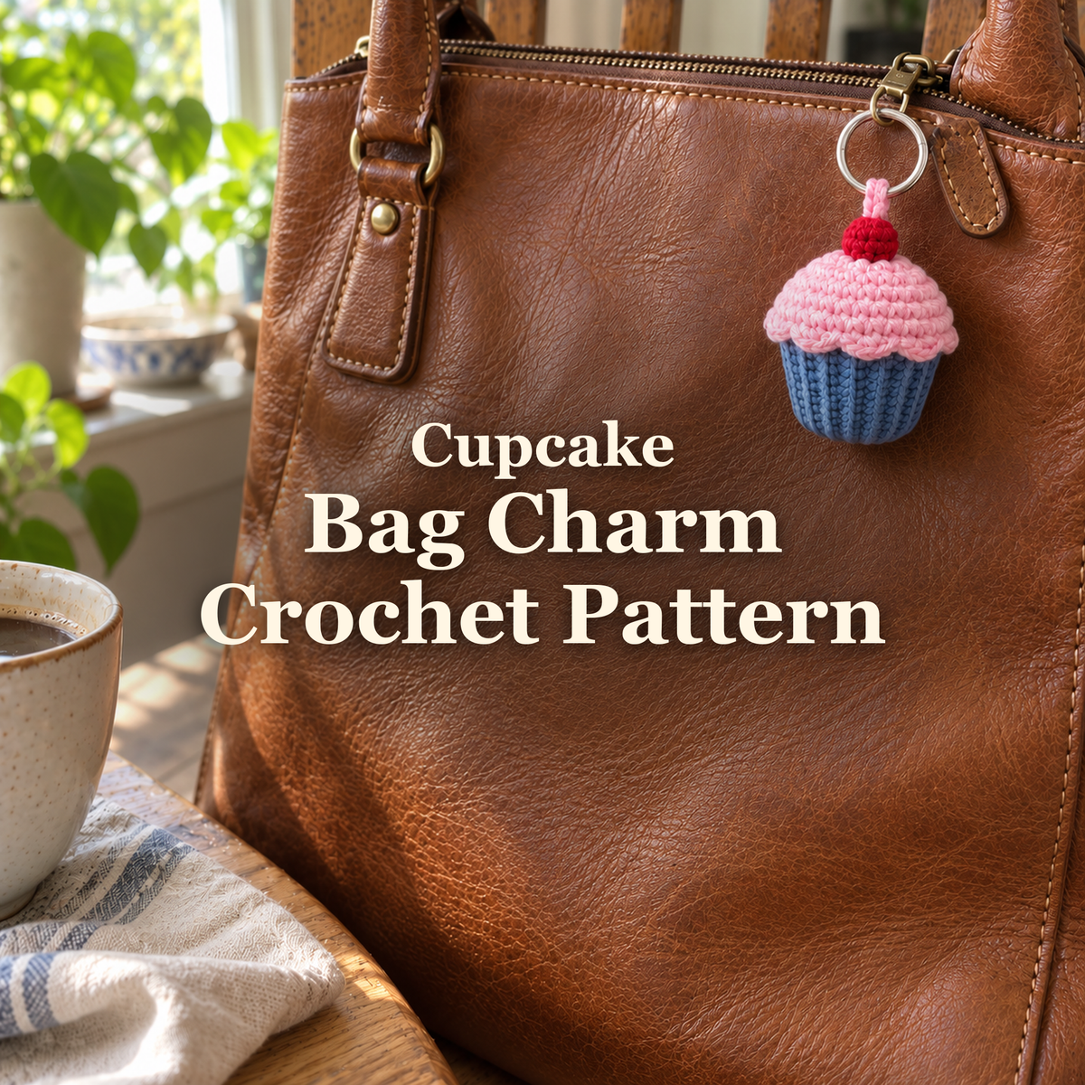 A blue and pink crochet cupcake with a red cherry hangs from the zipper of a brown leather handbag beside a coffee cup in a sunlit home, with the title Cupcake Bag Charm Crochet Pattern.