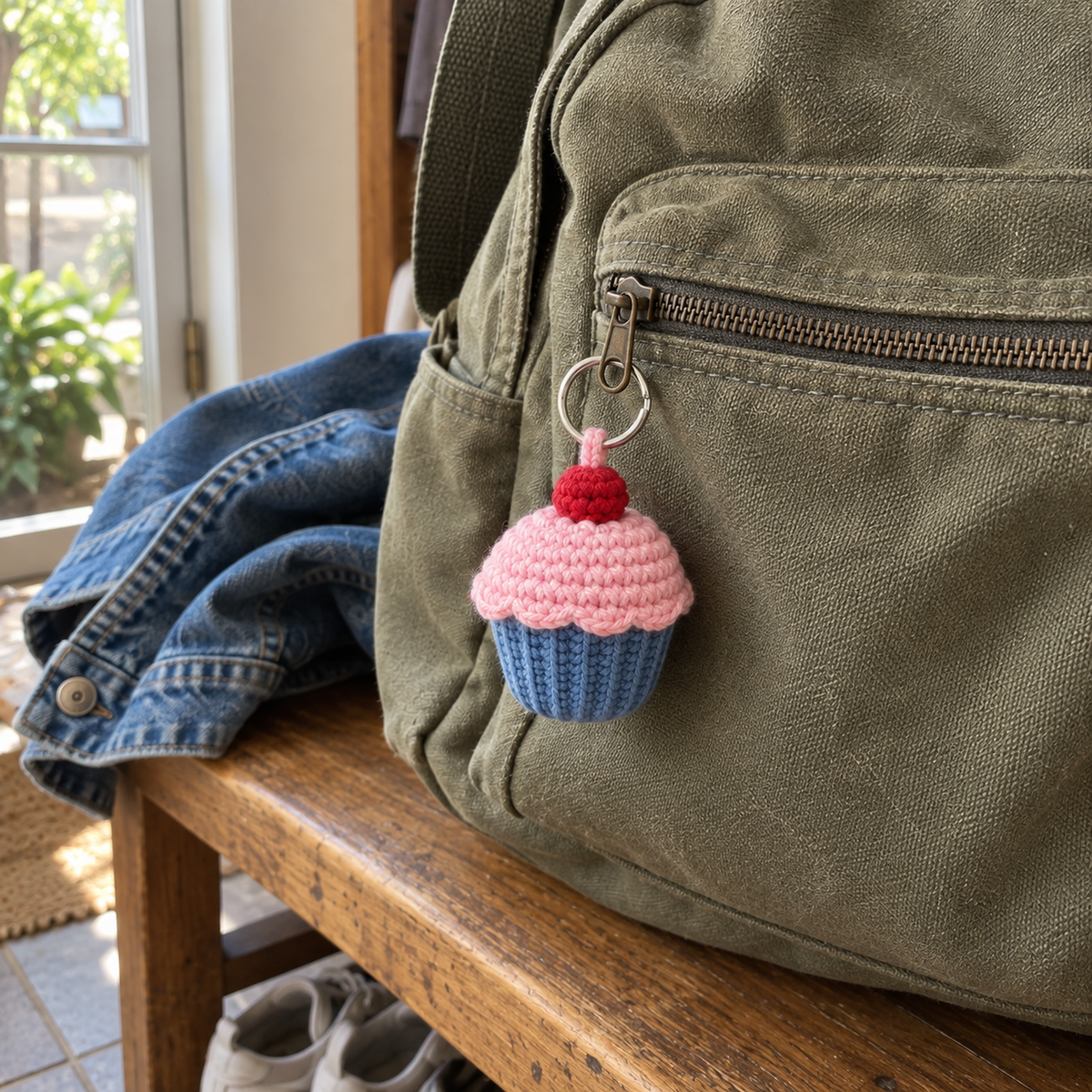 A crochet cupcake with a blue pleated liner, pink frosting and red cherry hangs from an olive canvas backpack on a wooden entryway bench beside a denim jacket.