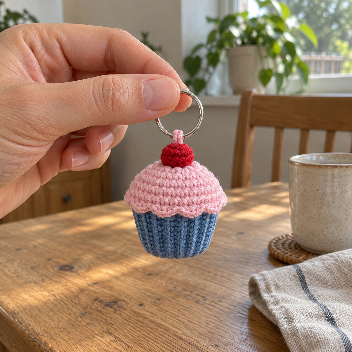 An adult hand holds a blue and pink crochet cupcake by its silver ring above a wooden table beside a ceramic mug and folded linen cloth.