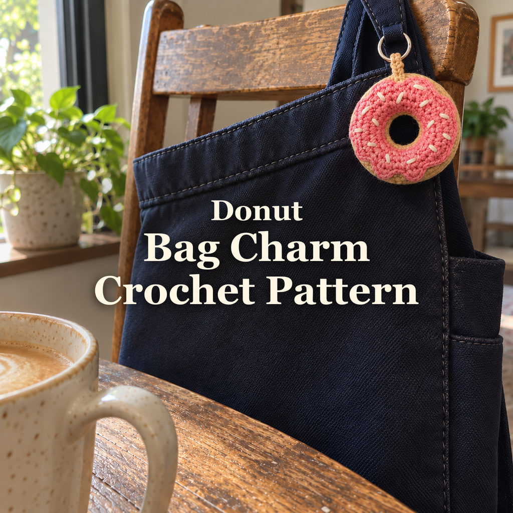 A tan crochet donut with pink glaze and white sprinkles hanging from a navy canvas bag beside a wooden chair and coffee mug.