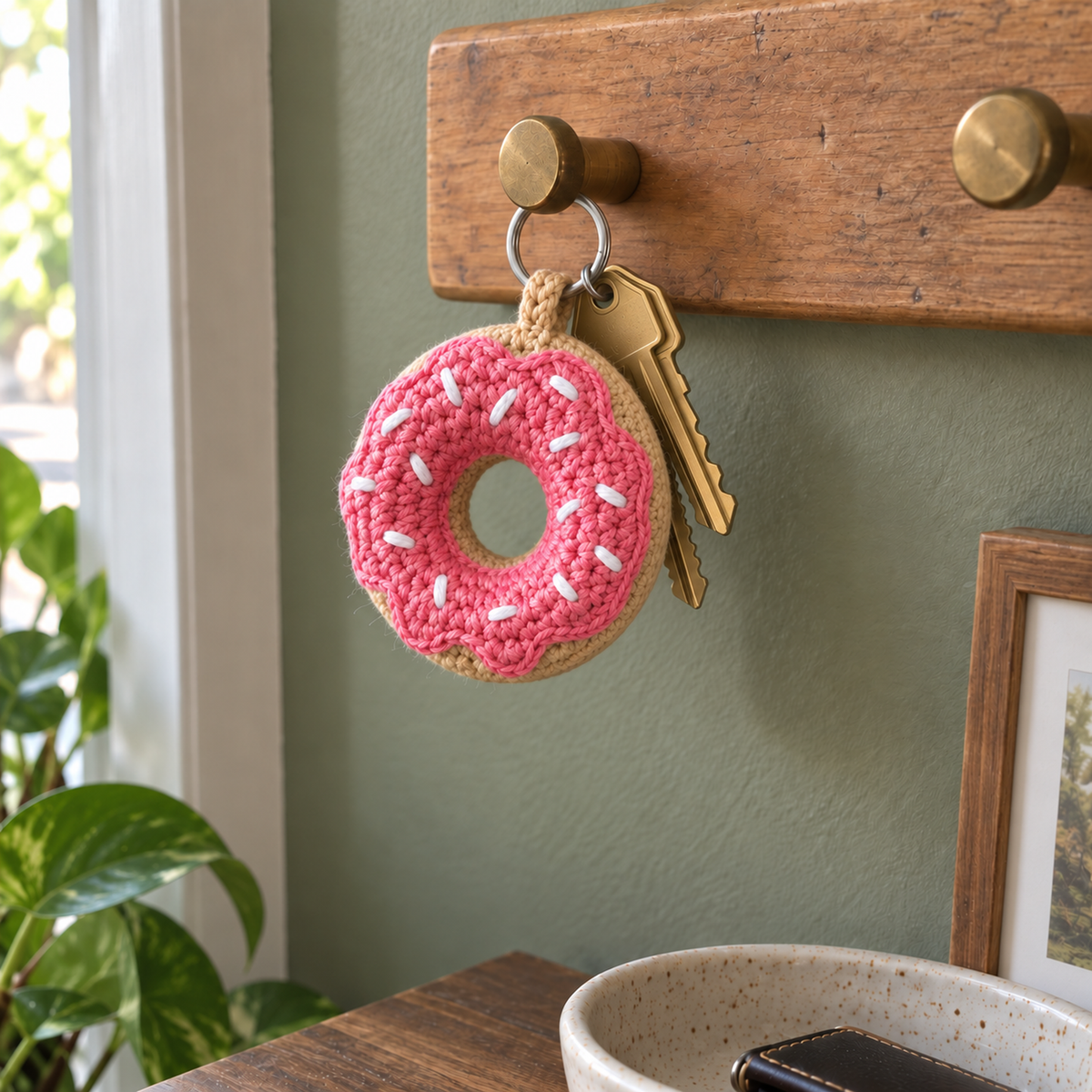 A tan crochet donut with pink glaze and white sprinkles hanging beside two brass house keys on a wooden wall rail.