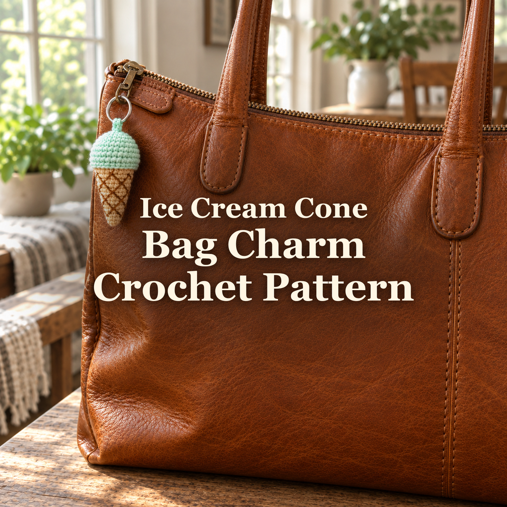 Mint crochet ice cream cone bag charm with a tan waffle cone hanging from the zipper of a brown leather handbag beside a home window, with the title Ice Cream Cone Bag Charm Crochet Pattern.