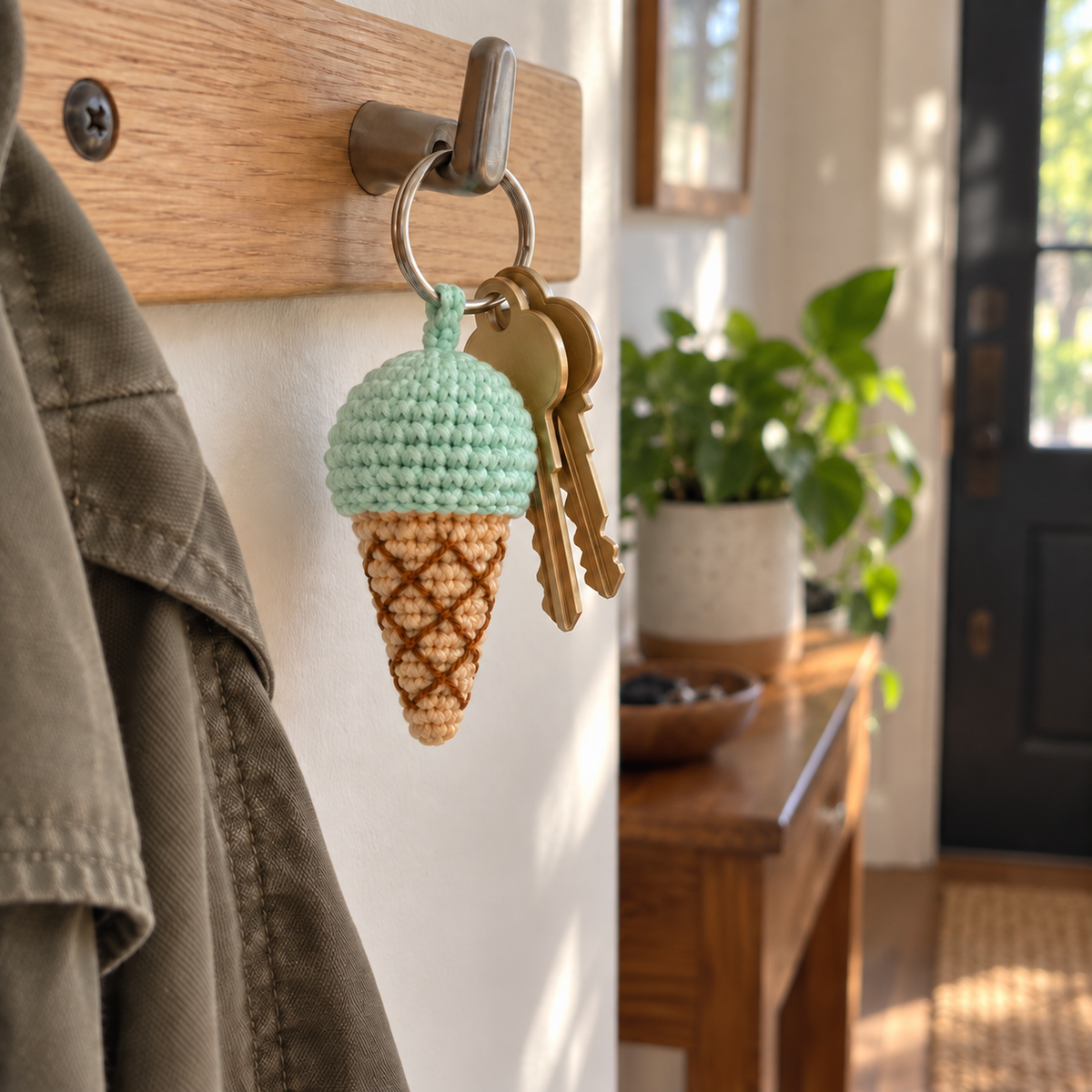 Mint crochet ice cream cone charm and two brass house keys hanging from a silver ring on a wooden entryway rail.