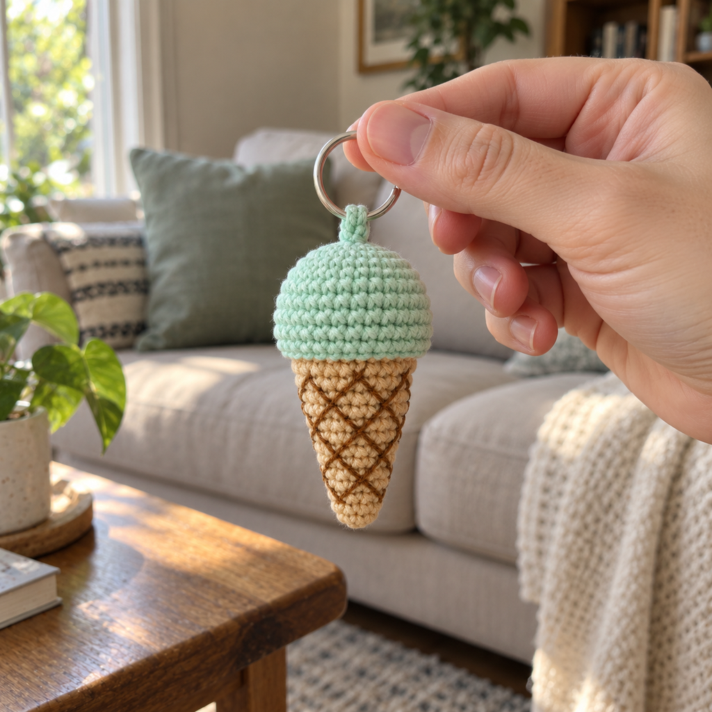 An adult hand holds the silver ring of a mint crochet ice cream cone charm with a tan waffle cone in a sunlit living room.