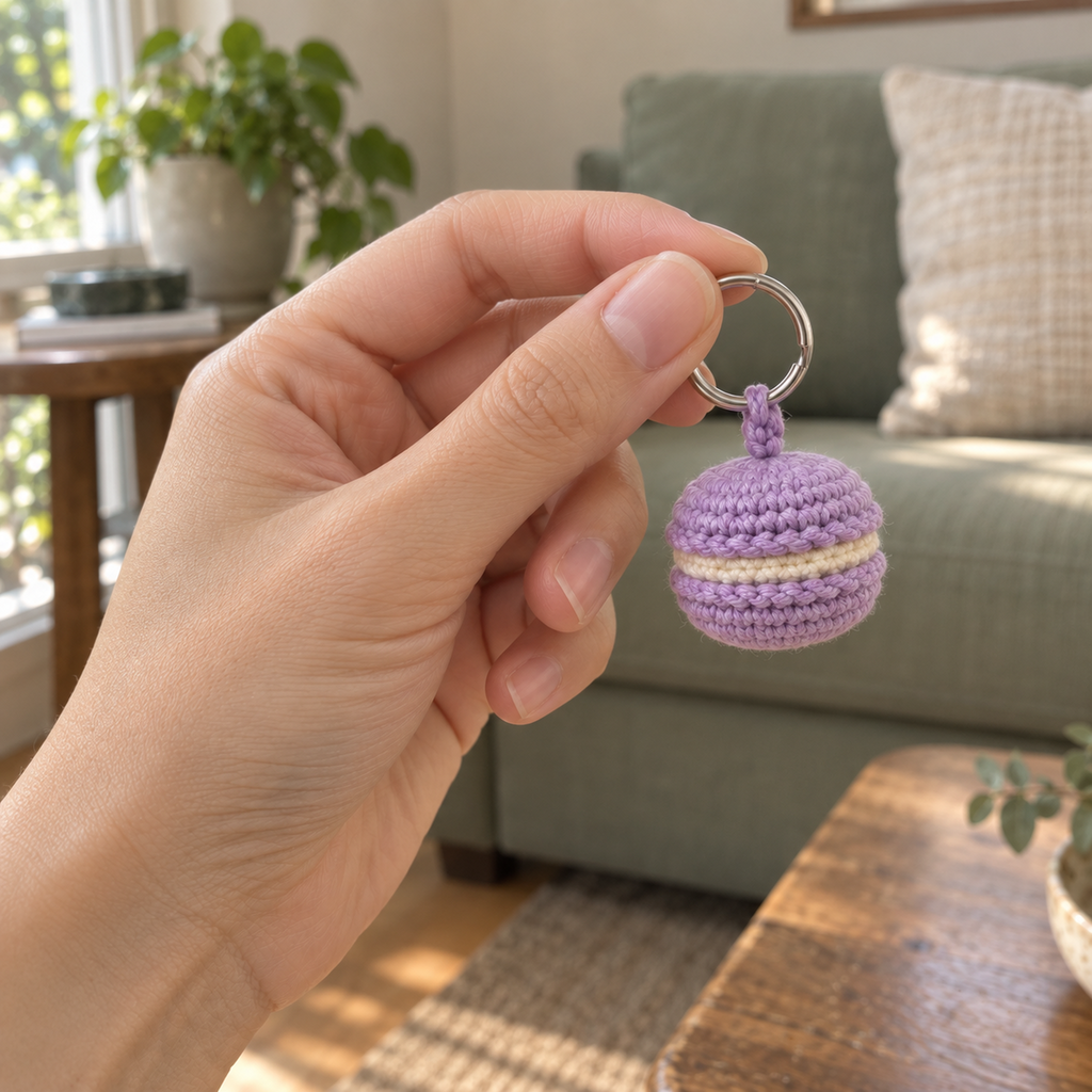 An adult hand holding a small lilac and cream crochet macaron by its silver keyring in a living room.
