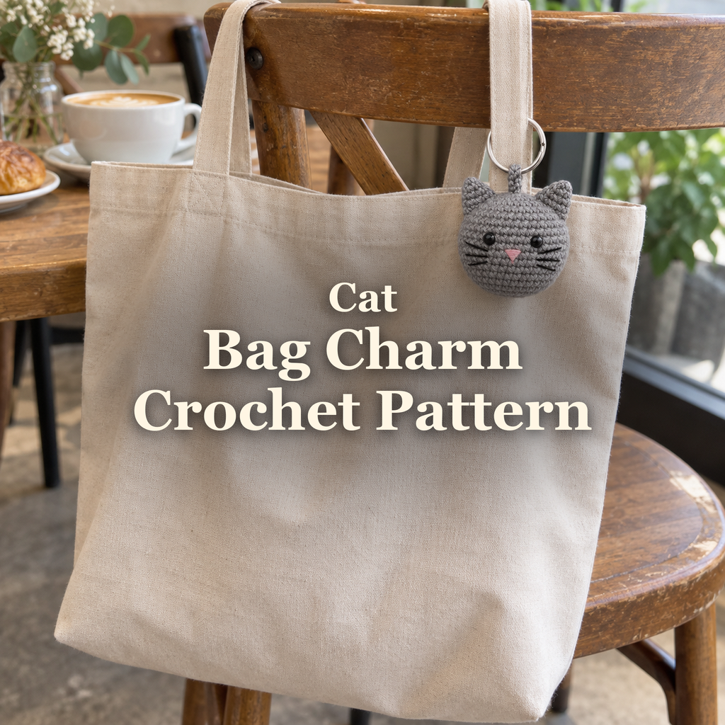 Grey crochet cat charm hanging from a canvas tote strap on a wooden cafe chair, with the title Cat Bag Charm Crochet Pattern.